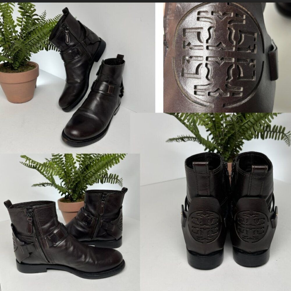 Tory Burch Dark Brown Leather Harness Ankle Boots Logo Womens 6M